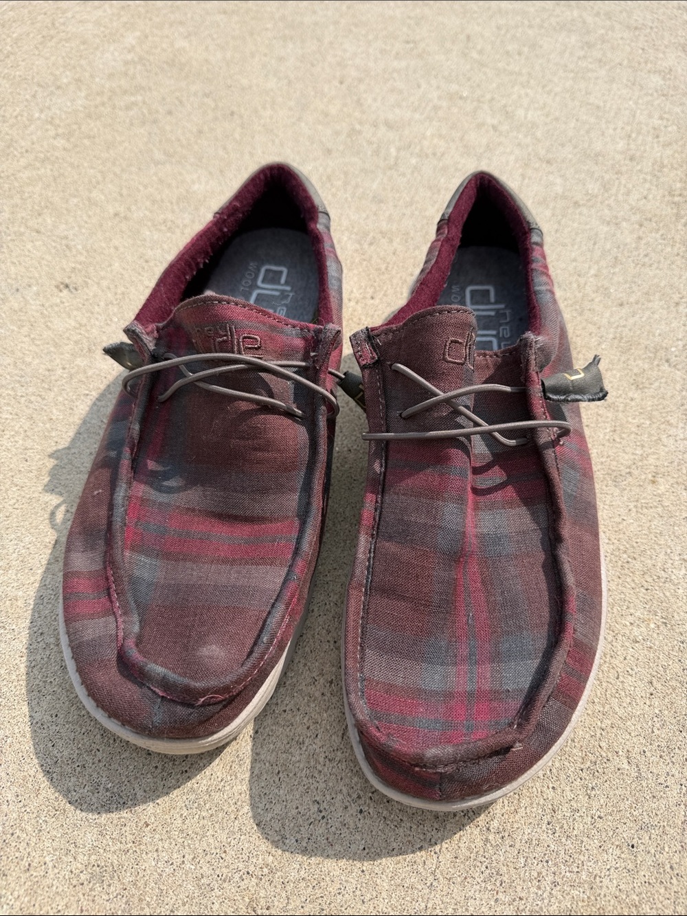 Hey Dude Men's Gray and Burgundy Plaid Slip-On Loafers